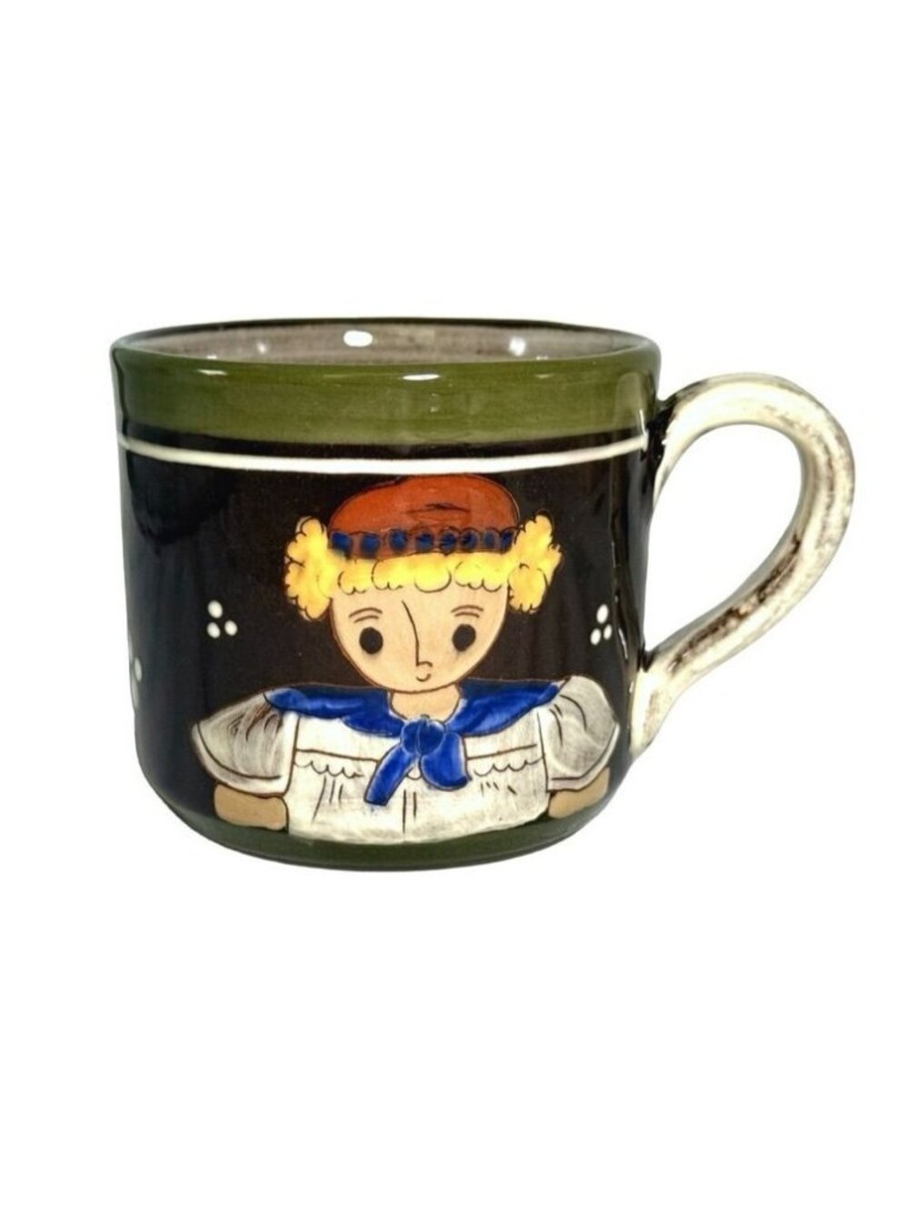 Vintage MCM Hugo Kohler Biel Swiss Pottery Mug Green & Brown Girl w/ Beret